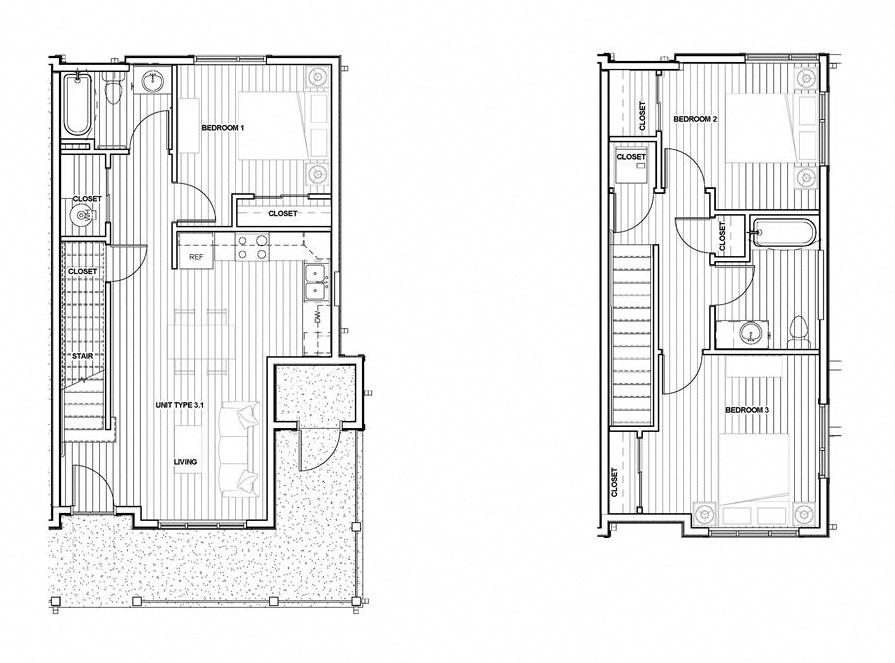 Floor plan for 3 beds, 2 baths, 1100 sqft